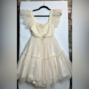 Mable Ivory Sheer Mini Dress Lined With Cut Out Detail and Back Bow - Size Small